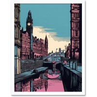 Artery8 Wall Art Print Leeds Canal Cityscape Pink & Teal Art Framed in White | Size: W12" x H16"