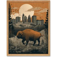 Artery8 Wall Art Print Bison in Forest by Urban Cityscape Modern Landscape Art Framed in Light Oak | Size: W12" x H16"