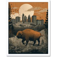 Artery8 Wall Art Print Bison in Forest by Urban Cityscape Modern Landscape Art Framed in White | Size: W12" x H16"