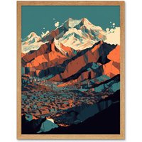 Artery8 Wall Art Print Modern City Surrounded by Tall Mountains Landscape Art Framed in Light Oak | Size: W12" x H16"