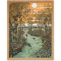 Artery8 Wall Art Print Mangrove Forest Swamp Landscape Linocut Style Art Framed in Light Oak | Size: W12" x H16"