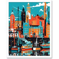 Artery8 Wall Art Print Liverpool Royal Albert Dock Waterfront Cityscape Art Framed in White | Size: W12" x H16"