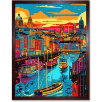 Artery8 Wall Art Print Vibrant Liverpool City Waterfront Sunset Cityscape Art Framed in Brown | Size: W12" x H16"