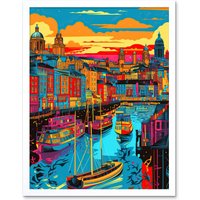 Artery8 Wall Art Print Vibrant Liverpool City Waterfront Sunset Cityscape Art Framed in White | Size: W12" x H16"