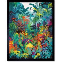 Artery8 Wall Art Print Rainforest Landscape Vibrant Multicoloured Nature Art Framed in Black | Size: W12" x H16"