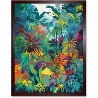 Artery8 Wall Art Print Rainforest Landscape Vibrant Multicoloured Nature Art Framed in Brown | Size: W12" x H16"
