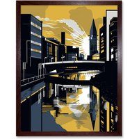 Artery8 Wall Art Print Glasgow Scotland River Cityscape Sunrise Geometric Art Framed in Brown | Size: W12" x H16"