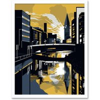 Artery8 Wall Art Print Glasgow Scotland River Cityscape Sunrise Geometric Art Framed in White | Size: W12" x H16"