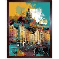 Artery8 Wall Art Print Nottingham City Modern Multicoloured Cityscape Art Framed in Brown | Size: W12" x H16"