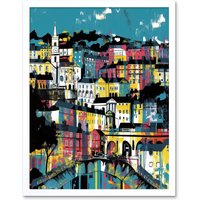 Artery8 Wall Art Print Modern Vertical Cityscape in Blue Pink & Yellow Art Framed in White | Size: W12" x H16"