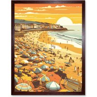 Artery8 Wall Art Print Summer Sunset at Busy Sandy Promenade Beach Art Framed in Brown | Size: W12" x H16"