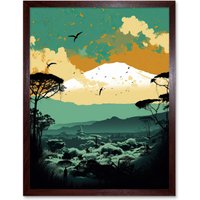 Artery8 Wall Art Print Mount Fuji Sunrise Landscape in Teal Blue & Tan Art Framed in Brown | Size: W12" x H16"