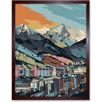Artery8 Wall Art Print Cityscape Under Rocky Mountain Range Modern Art Framed in Brown | Size: W12" x H16"