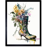 Artery8 Wall Art Print Spring Flower Bouquet in High Heeled Combat Boot Art Framed in Black | Size: W12" x H16"