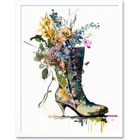 Artery8 Wall Art Print Spring Flower Bouquet in High Heeled Combat Boot Art Framed in White | Size: W12" x H16"