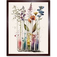 Artery8 Wall Art Print Wildflowers Rainbow Colour Water Glass Test Tubes Art Framed in Brown | Size: W12" x H16"