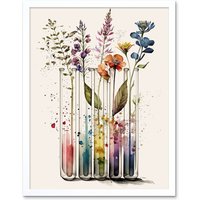 Artery8 Wall Art Print Wildflowers Rainbow Colour Water Glass Test Tubes Art Framed in White | Size: W12" x H16"