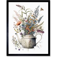 Artery8 Wall Art Print Spring Wildflower Bouquet in White Ceramic Teapot Art Framed in Black | Size: W12" x H16"