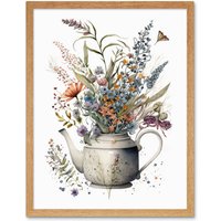 Artery8 Wall Art Print Spring Wildflower Bouquet in White Ceramic Teapot Art Framed in Light Oak | Size: W12" x H16"