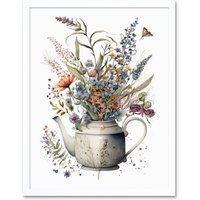 Artery8 Wall Art Print Spring Wildflower Bouquet in White Ceramic Teapot Art Framed | Size: W12" x H16"