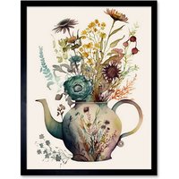 Artery8 Wall Art Print Flower Bouquet in a Floral Pattern Ceramic Teapot Art Framed in Black | Size: W12" x H16"