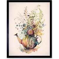 Artery8 Wall Art Print Wildflower Floral Spring Bouquet in a Teapot Vase Art Framed in Black | Size: W12" x H16"