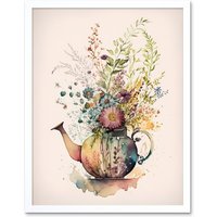 Artery8 Wall Art Print Wildflower Floral Spring Bouquet in a Teapot Vase Art Framed in White | Size: W12" x H16"