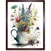 Artery8 Wall Art Print Spring Wildflower Floral Bouquet in a Teapot Vase Art Framed in Brown | Size: W12" x H16"