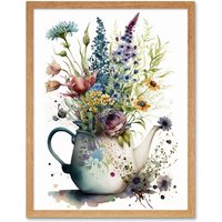 Artery8 Wall Art Print Spring Wildflower Floral Bouquet in a Teapot Vase Art Framed in Light Oak | Size: W12" x H16"