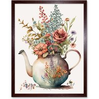 Artery8 Wall Art Print Flower Bouquet in a Floral Design Ceramic Teapot Art Framed in Brown | Size: W12" x H16"