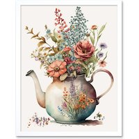 Artery8 Wall Art Print Flower Bouquet in a Floral Design Ceramic Teapot Art Framed in White | Size: W12" x H16"