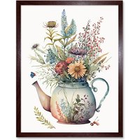 Artery8 Wall Art Print Wildflower Floral Bouquet in China Pattern Teapot Art Framed in Brown | Size: W12" x H16"