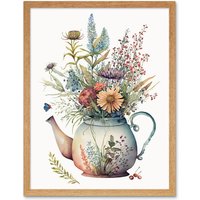 Artery8 Wall Art Print Wildflower Floral Bouquet in China Pattern Teapot Art Framed in Light Oak | Size: W12" x H16"
