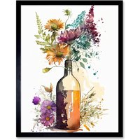 Artery8 Wall Art Print Spring Wildflower Bouquet in a Glass Wine Bottle Art Framed in Black | Size: W12" x H16"