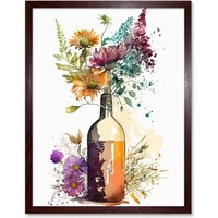 Artery8 Wall Art Print Spring Wildflower Bouquet in a Glass Wine Bottle Art Framed in Brown | Size: W12" x H16"