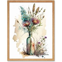 Artery8 Wall Art Print Spring Flower Bouquet In Glass Wine Bottle Vase Art Framed in Light Oak | Size: W12" x H16"