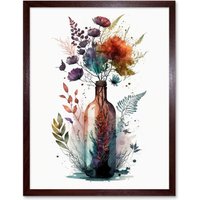 Artery8 Wall Art Print Wine Bottle with Spring Wildflower Floral Bouquet Art Framed in Brown | Size: W12" x H16"