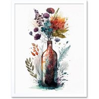 Artery8 Wall Art Print Wine Bottle with Wildflower Floral Spring Bouquet Art Framed in White | Size: W12" x H16"
