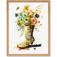 Artery8 Wall Art Print Wildflower Bouquet in a High Heel Floral Boot Art Framed in Light Oak | Size: W12" x H16"