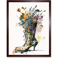 Artery8 Wall Art Print Spring Wildflower Bouquet in High Heel Floral Boot Art Framed in Brown | Size: W12" x H16"