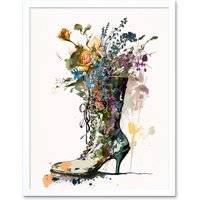 Artery8 Wall Art Print Spring Wildflower Bouquet in High Heel Floral Boot Art Framed in White | Size: W12" x H16"