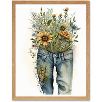 Artery8 Wall Art Print Spring Wildflowers Bursting out of a Pair of Jeans Art Framed in Light Oak | Size: W12" x H16"