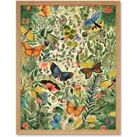 Artery8 Wall Art Print Butterflies Flying in Spring Field Modern Folk Art Framed in Light Oak | Size: W12" x H16"