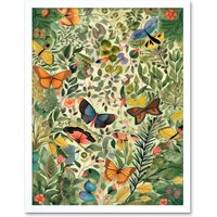 Artery8 Wall Art Print Butterflies Flying in Spring Field Modern Folk Art Framed in White | Size: W12" x H16"