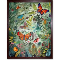 Artery8 Wall Art Print Butterflies in a Spring Field Modern Folk Art Framed in Brown | Size: W12" x H16"