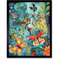 Artery8 Wall Art Print Butterfly Insects in Flower Field Modern Folk Art Framed in Black | Size: W12" x H16"