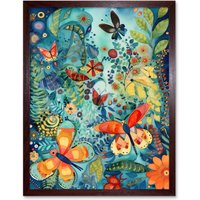 Artery8 Wall Art Print Butterfly Insects in Flower Field Modern Folk Art Framed in Brown | Size: W12" x H16"