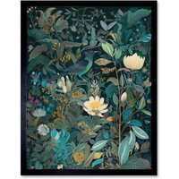 Artery8 Wall Art Print Audubon Style Birds in Blooming Wildflower Field Art Framed in Black | Size: W12" x H16"