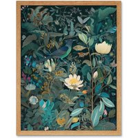 Artery8 Wall Art Print Audubon Style Birds in Blooming Wildflower Field Art Framed in Light Oak | Size: W12" x H16"