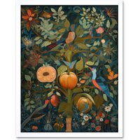 Artery8 Wall Art Print Birds on Blooming Peach Tree in Modern Folk Art Framed in White | Size: W12" x H16"